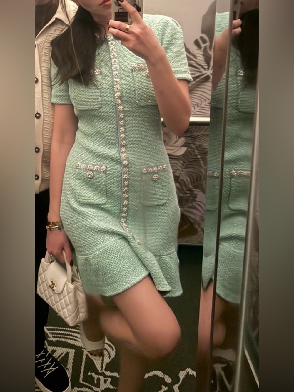 Self-Portrait Mint Green Tweed Short-Sleeve Pocket Dress with Jewel Trim - Picture 7 of 7